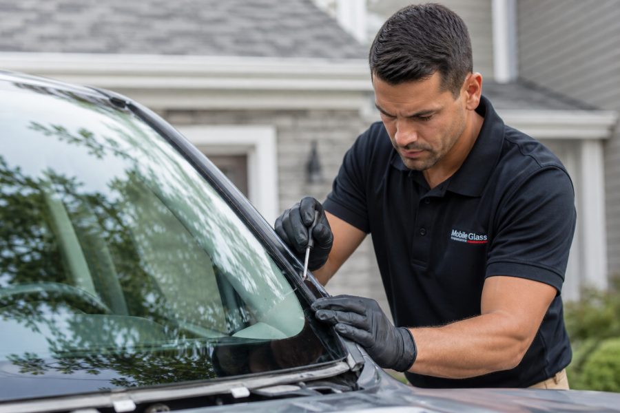 Technician repairing a windshield in a customer's driveway in Torrance, CA