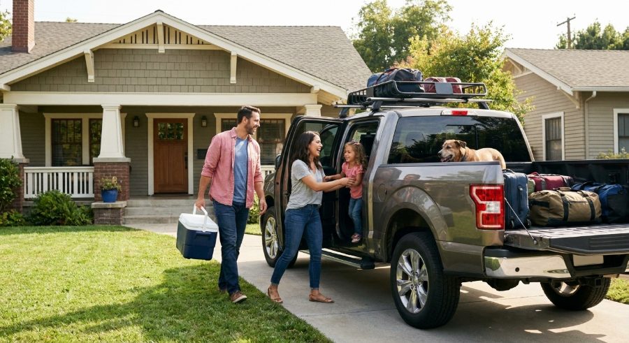 Family loading a pickup truck in the driveway for a road trip