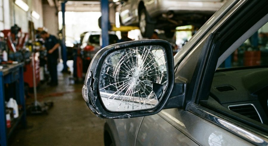 Shattered side mirror glass on a car door mirror