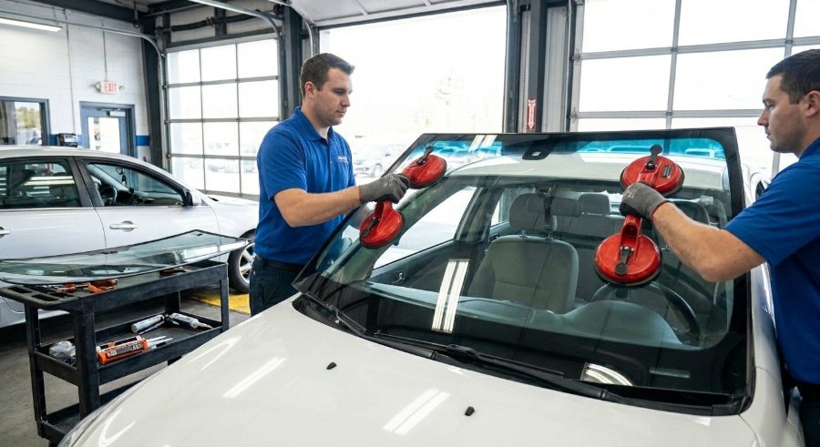 Two technicians setting a new windshield with suction cups