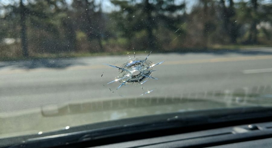 Close-up of a star-shaped rock chip in a windshield